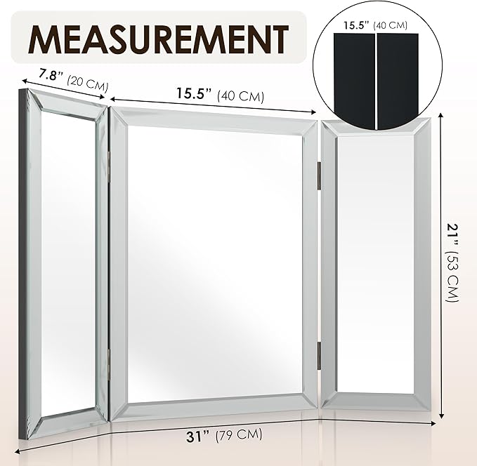 Houseables 3 Way Mirror, Trifold Mirror, Trifold Vanity, Three Way Folding, Tri Fold, For Braiding Hair, 3way, 3 Sided, Three Panel, Triple, Tabletop, Bathroom, Makeup, Self Haircut, 360, 21 x 31 Inch