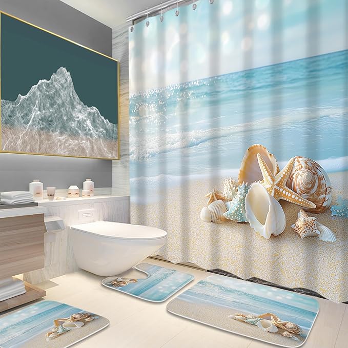Beach Modern Ocean Coastal Bathroom Sets with Starfish Funky Shower Curtain and 20 x 31 Rugs Bathroom Accessories Sets Decor with Bath Rug, Bath Mat, U-Shaped Contour and Hooks 72 x 72 Inch
