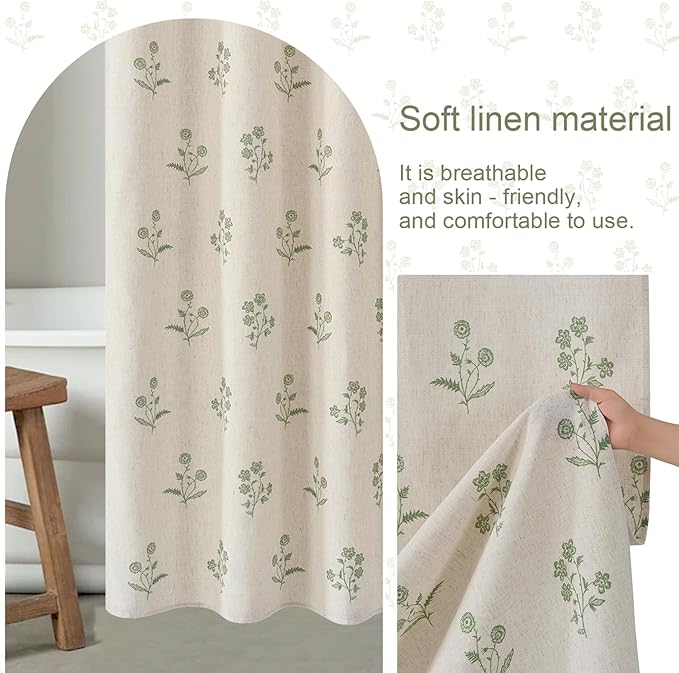 ORTIGIA Linen Shower Curtain 72 W x 84 L Farmhouse Vintage Sage Green Floral Long Shower Curtains Modern Boho Rustic Block Print Cottagecore Decor for Bathroom