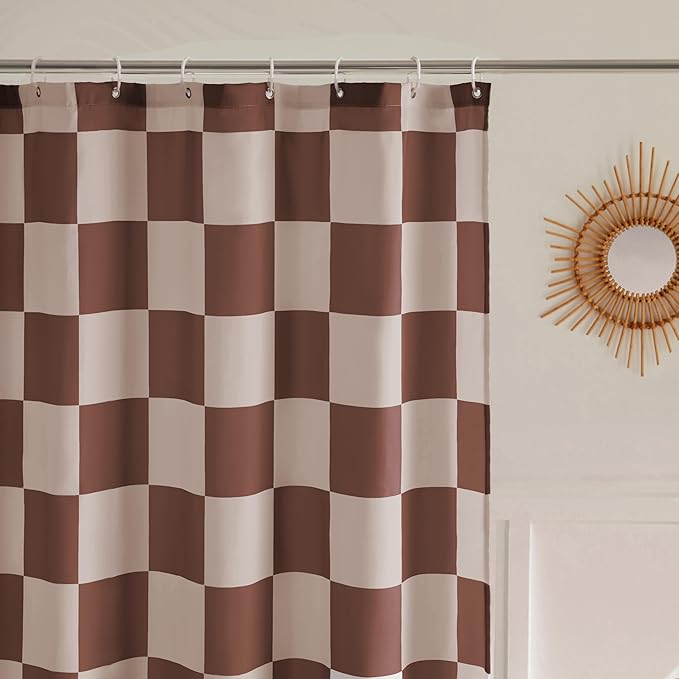Checkered Shower Curtain, Khaki Beige Shower Curtains for Bathroom, Cute Retro Checkboard Shower Curtain Vintage Aesthetic, Washable Fabric Bath Curtain 72''x72''