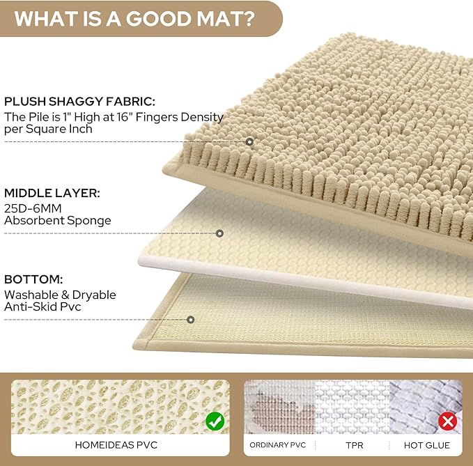 HOMEIDEAS 3 Pieces Bathroom Rugs, Ultra Soft Non Slip Absorbent Chenille Toilet Bath Mat Set (Beige)