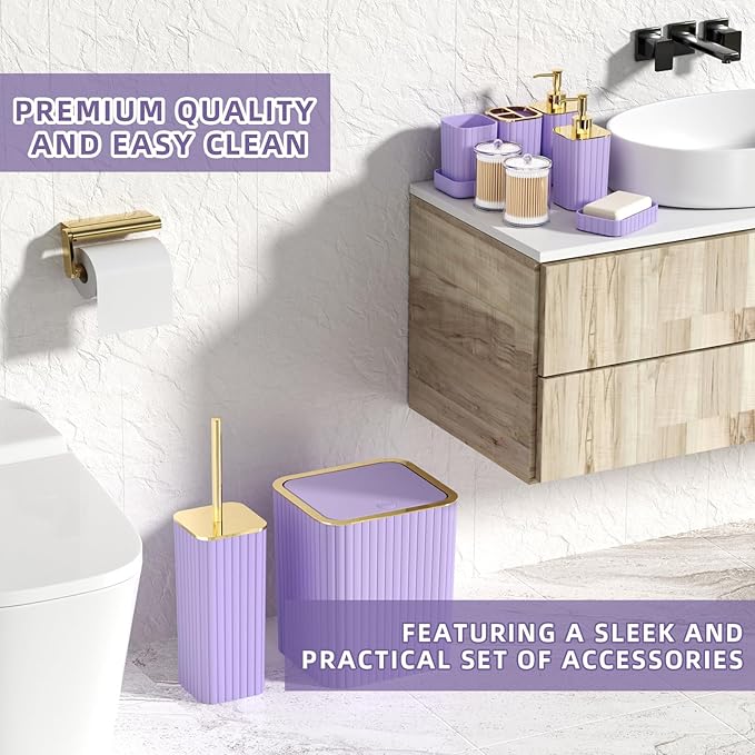 XLHOMO Bathroom Accessories Set - 25PC Bathroom Sets with Shower Curtain and Rugs, Purple Bathroom Set with Trash Can, Soap Dispenser, Soap Dish & Toilet Brush
