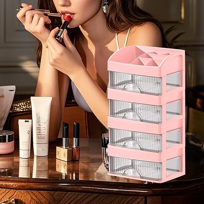 Makeup and Jewelry Organizer-Multilayer Transparent Drawer Storage,Desk Drawer Organizer-Cosmetics Jewelry Storage Cabinet,Desktop Rack for Stationery | Household Storage,for School Home (pink, S)