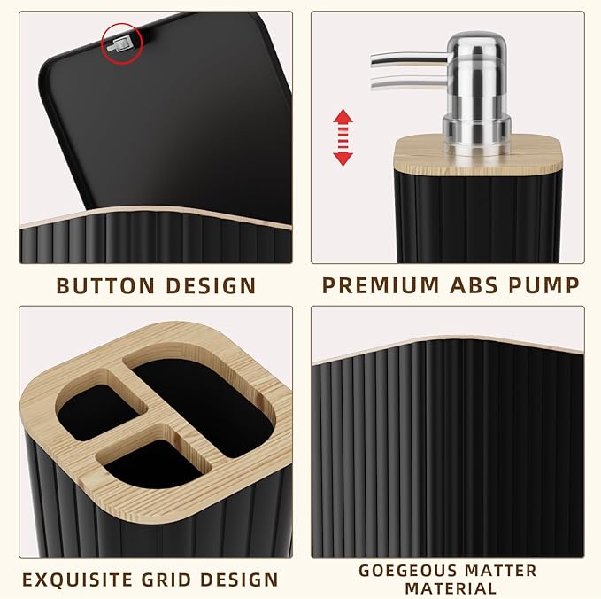 XLHOMO Bathroom Accessories Set - Elegant Black Bathroom Set, 10PC Bathroom Accessory Set, Toilet Brush, Trash Can, Qtip Holder Dispenser & Soap Dispenser