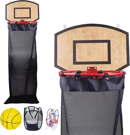Basketball Laundry Hamper, Over The Door Hoop with Laundry Basket, Sports-Themed Hamper Organizer Set with Backboard, Ball, Net, Air Pump & Hooks for Bedroom or Bathroom