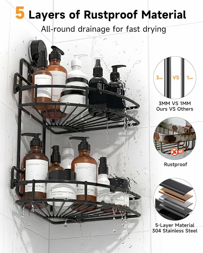 Shower Caddy Suction Cup, 2 Pack Suction Shower Shelf, NO-Drilling Bathroom Holder, Rustproof Bathroom Organizer for 90° Wall Corner, Black