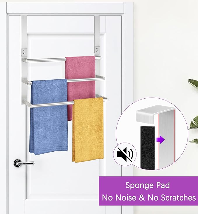 16Inch Over The Door Towel Rack, VOTZAAQ Stainless Steel Over Door Towel Holder, Door Towel Hanger with 3 Tier Towel Bars, Over Door Towel Storage for Bathroom, Brushed Nickel