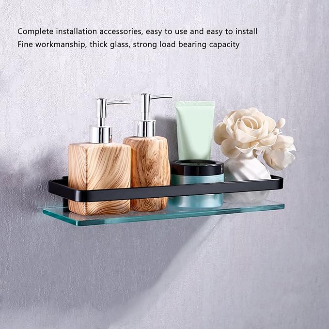 Bathroom Shelf | Robust Tempered Glass Storage Rack for Bathroom/Kitchen/Living Room | Large Capacity, Easy Installation, Black