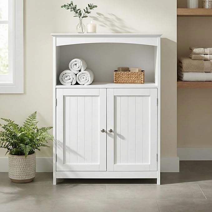Beadboard Double Door Multi Room Freestanding Floor Cabinet, Open Top Shelf With Arched Accent, Adjustable Center Shelf, 25 Inch Width x 12 Inch Depth x 33 Inch Tall, White Semi Gloss Enamel Finish
