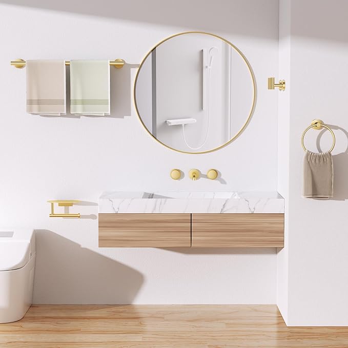 TURS Brushed Gold 5 Piece Bathroom Hardware Set, SUS304 Stainless Steel Bath Towel Bar Set, Bathroom Towel Rack Set Wall Mounted