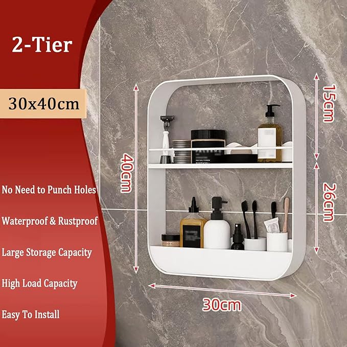 Wall Mount Organizer Floating Bathroom Shelves No Drill Adhesive Makeup Storage Rack Hang Decorative Over The Toilet Shelf(White,30x40cm)