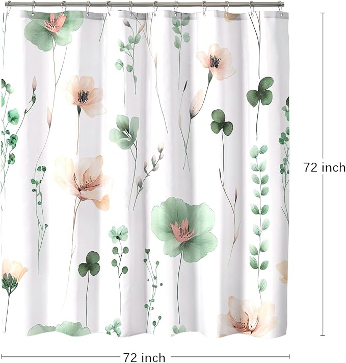 Sage Green Beige Floral Shower Curtain, Watercolor Flower Shower Curtains for Bathroom, Modern Minimalist Waterproof Fabric Bath Decoration 72x72 Inch