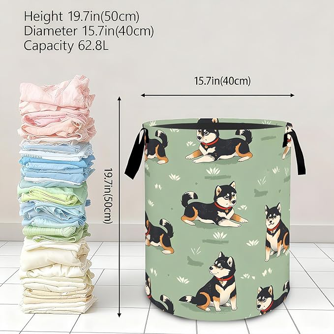 Playful Shiba Inu Dog Laundry Basket,Dirty Clothes Hamper,Cute Puppy Storage Bin,Pet Lovers Gifts,Foldable Waterproof Oxford Cloth Baskets for Bathroom,Bedroom,Home Decoration(19.7" x 15.8")