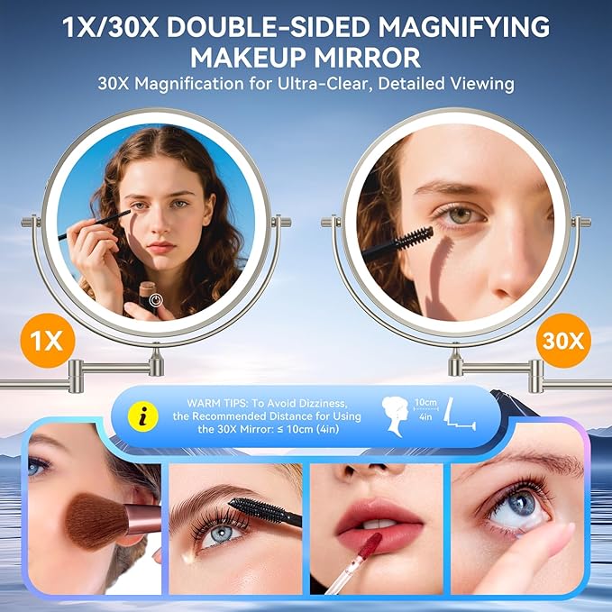 9'' 30X/1X Wall Mounted Lighted Makeup Mirror, 5000mAh Rechargeable Double-Sided Magnifying Mirror with Light, Vanity Bathroom Mirror Touch Dimmable 3 Colors 360° Rotation Extended Arm, Power Adapter