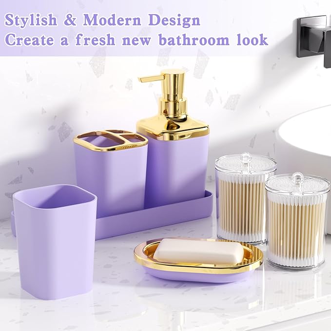 XLHOMO Bathroom Set - Purple and Gold Bathroom Accessories, Bathroom Sets with Shower Curtain and Rugs, Purple Shower Curtain Set with Bathroom Trash Can, Soap Dispenser, Soap Dish for Home Decor