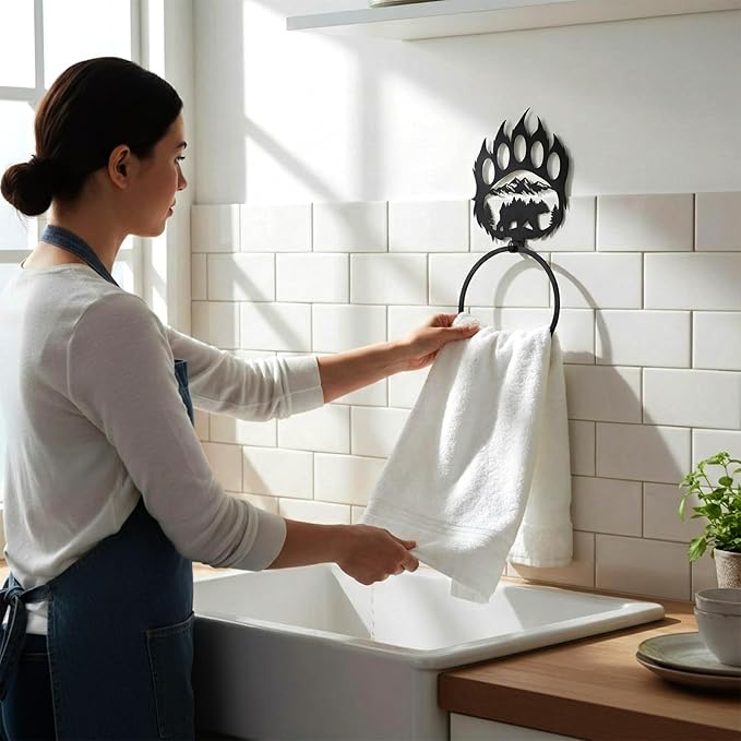 Bear Hand Towel Holder Ring Matte Black Bear Paw Towel Holder for Bathroom Forest Cabin Hand Cloth Ring Rustic Bath Facecloth Holders Wall Mount Round Washcloth Racks for Bath Kitchen Decor