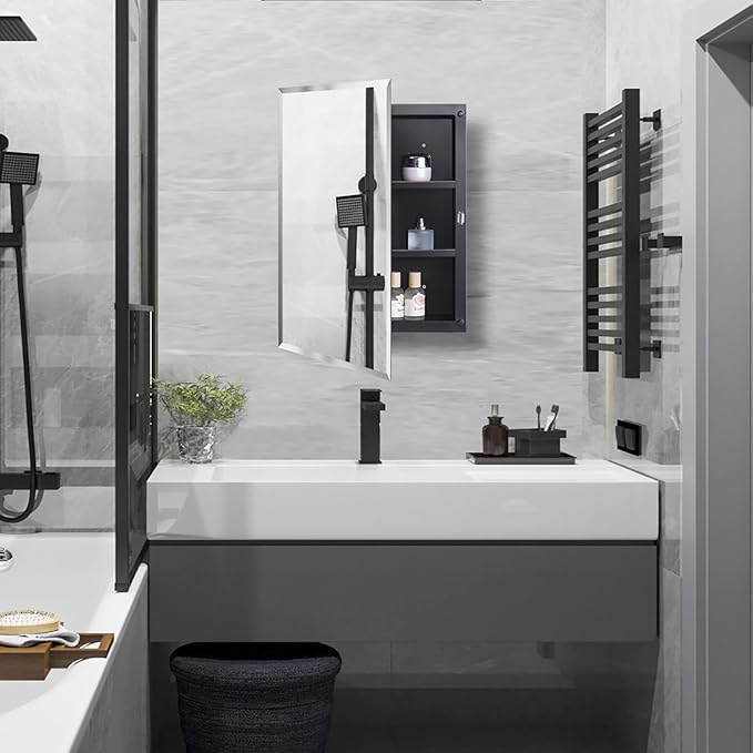 IDYLLOR Black Plastic Bathroom Medicine Mirror Cabinet 16 x 22 inch, Surface and Recessed Mount, Beveled Edge Mirror