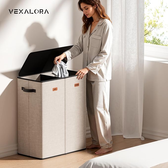 150L Double Laundry Hamper With Lid, Large Clothes Hampers with Removable Bag, Laundry Hamper 2 Section for Bathroom, Bedroom, Laundry Room, Dorm, Beige