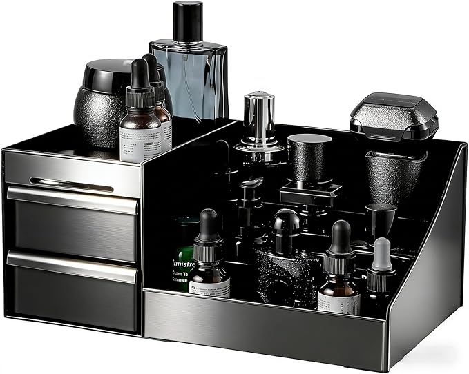 Large Black Vanity Organizer for Men, Countertop Cologne Organizer with Drawers, Perfume Stand & Mens Skincare Storage, Deodorant Display for Bathroom Bedroom Dresser, Ideal Gifts for Men