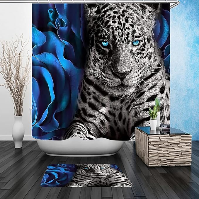 NBVKO 4PCS Blue Rose and Leopard Shower Curtain Set with Non-Slip Rugs,Toilet Lid Cover and Bath Mat,Bathroom Decor Accessory Set