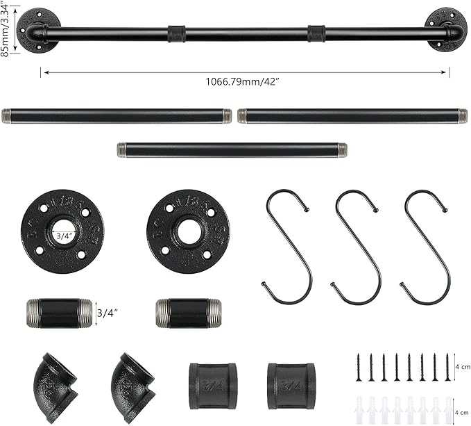 Industrial Pipe Towel Rack Towel Bar, Heavy Duty Wall Mounted Rustic Farmhouse Bath Towel Holder for Bathroom (Black, 42 inch)