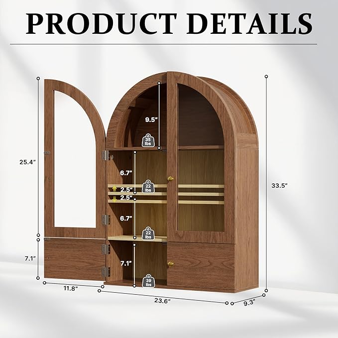 BREEZEHEAT Arched Medicine Cabinet with Extra Storage, Glass Doors & Adjustable Shelf -Wall Mounted Over Toilet Cabinet for Bathroom, Kitchen, Laundry Room, Walnut Wood Grain, 23.6x33.5 Inch