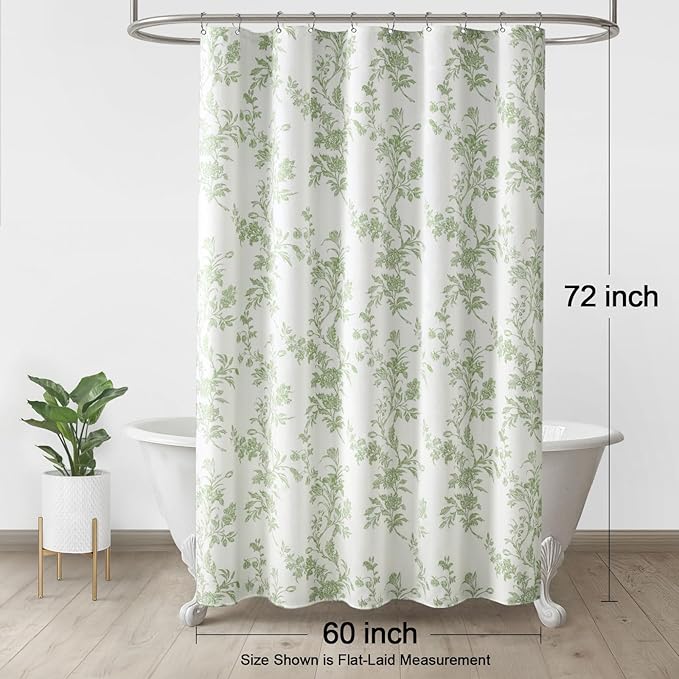 Sage Green Floral Shower Curtain,Vintage Cotton Cottagecore Shower Curtains for Bathroom, 60" W x 72" L