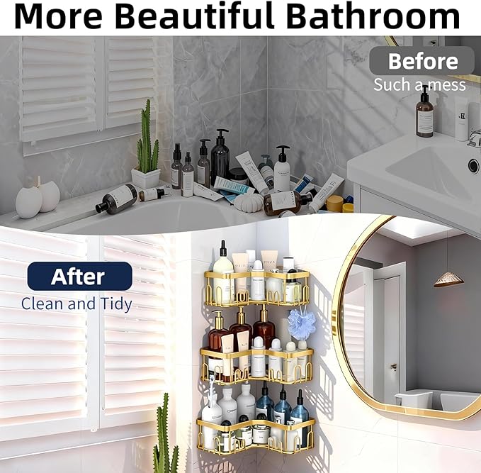 Menbyci 3 Pack Corner Shower Caddy, Adhesive Bathroom Shelves with 18 Hooks, Drill-Free & Quick-Dry Shower Organizer with Large Capacity, Rustproof Stainless Steel Bathroom Corner Storage Rack, Gold