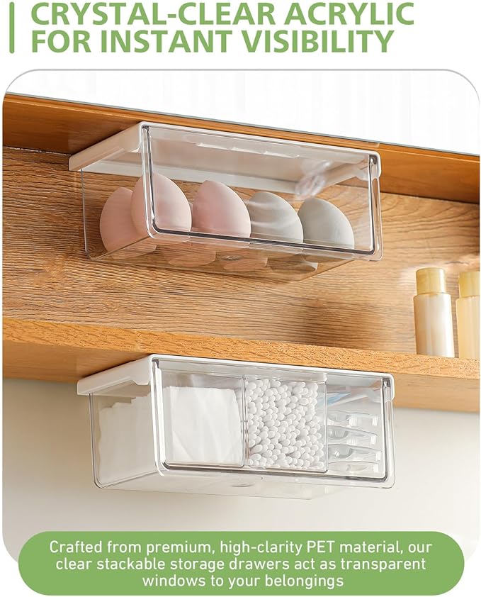 BALUCA Small Clear Stackable Storage Drawers ?€? 33?? Angled Acrylic Makeup Organizer for Vanity, Undersink & Kitchen Cabinets | Multi-Purpose Plastic Storage Bins & Drawer Organizer Bins (Large)