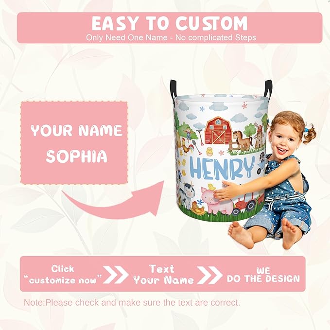 ZOE DAVISON Custom Farm Animals Laundry Baskets, Personalized Animal Pattern Gifts with Customized Name, Collapsible Laundry Hamper for Kids Adults Home Decoration,16.5 X 13.8in