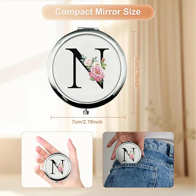 JEKUGOT Monogram Compact Mirror, Personalized Gifts for Women and Girls, Small Pocket Mirror, Personalized Compact Mirrors for Girls, Sister, Wife, Mothers, Birthday Gifts - N