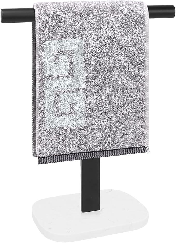 NearMoon T-Shape Hand Towel Holder-Bath Towel Rack-Standing with Balanced Base Towel Bar for Bathroom Kitchen Vanity Countertop, Modern Stand Towel Ring with Marble Base (14 Inch, Black)