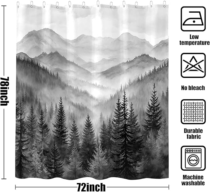 Accnicc Forest Mountain Shower Curtain Black and White Nature Misty Pine Tree Shower Curtains for Bathroom Dark Grey Foggy Rustic Woodland Decorative Waterproof Fabric Bath Curtain Decor 72×78 Inches