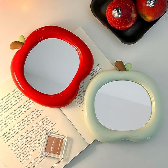 Apple Shaped Makeup Mirror - 6.22x6.3 Inch Portable Vanity Mirror with Stand, Cute Desk Decor for Bedroom, Bathroom & Office (Green)