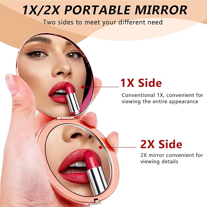 Oval Mini Portable Metal Folding Mirror, Beautiful and Elegant, Sturdy and Durable, 1X/2X Magnifier. (Oval Pattern Pink)