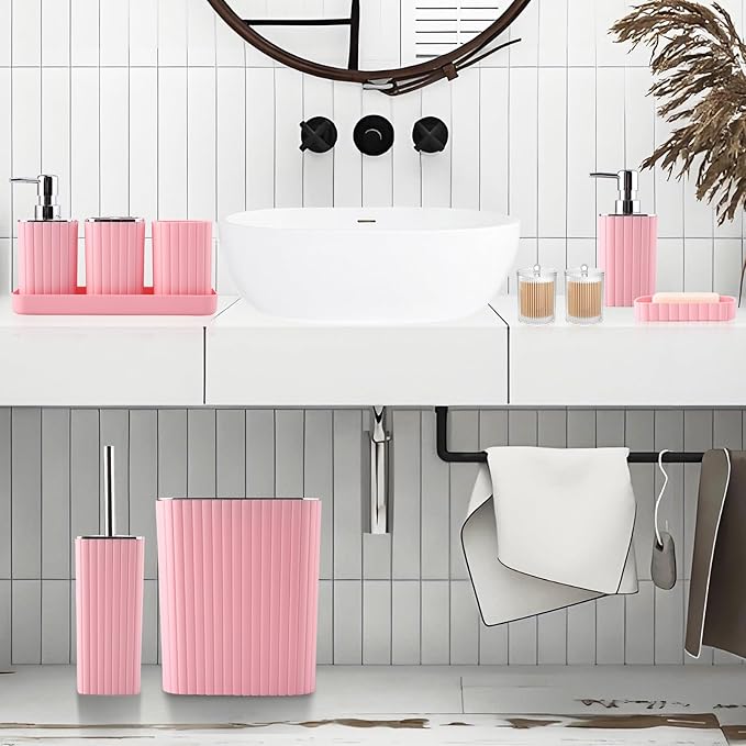 XLHOMO Pink Bathroom Accessories Set - Gorgeous Bathroom Set, 10PC Bathroom Accessory Set, Toilet Brush, Trash Can, Qtip Holder & Soap Dispenser