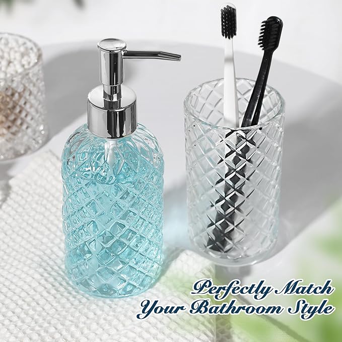 RYTOXILO Bathroom Accessories Set, 4 Pack Clear Glass Bath Accessory Sets Complete, Diamond Soap Dispenser and Toothbrush Holder Set for Bathroom Counter Organizer Essentials, Modern Bathroom Decor