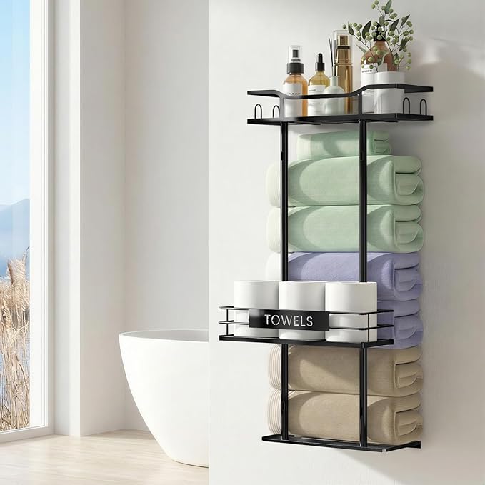 Towel Racks for Bathroom, 30inch Wall Mounted Towel Rack, Towel Storage for Small Bathroom Can Holds 6 Large Towels, Floating Shelf with Adjustable Tissue Basket(Black).