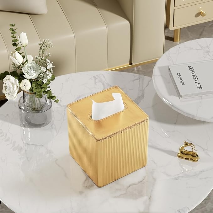 Gold Tissue Box Cover Square with Magnetic Closure, PU Leather Tissue Box Holder for Bathroom NightStands Livingroom, Decorative Modern Square Tissue Holder (Gold)