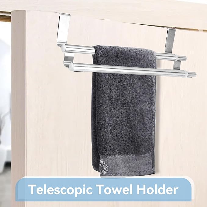 Kitchen Retractable Towel Holder, Stainless Steel Adjustable Double Over Cabinet Door Drying Kitchen Towels Hanger Bar Rack for Homes, Apartments, Condos Bathroom or Kitchen