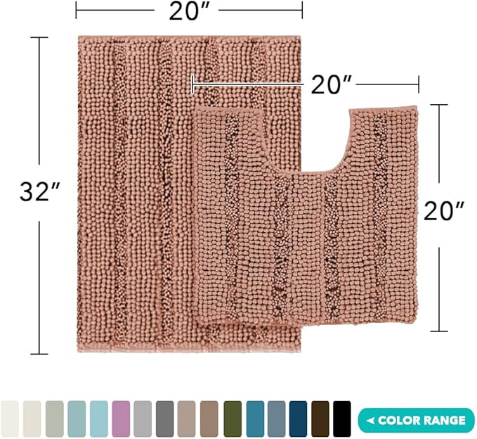 Turquoize Chenille Bathroom Rugs Non-Slip Bath Mats for Bathroom Super Absorbent Shaggy Rugs for Tub Shower Toilet Plush Bath Rug Plus U Shaped Rug (Standard: 20" x 32" and 20" x 20" U), Muted Clay