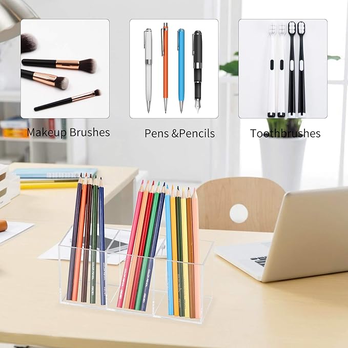 weddingwish Acrylic Pen Holder Clear Pencil Holder 3 Slot Pencil Organizer Cup for Desk Pencil Cup Stationery Organizer for Office Accessory, Cosmetic Storage, Vanity Organizer Bathroom, Dorm