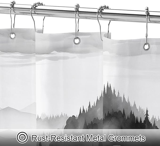 Black Small Stall Misty Pine Forest Shower Curtain 36 x 72, Mountain Foggy Woodland Scenery Tree Narrow Half Size Shower Curtains for Bathroom, Abstract Waterproof Nature-Themed Decor