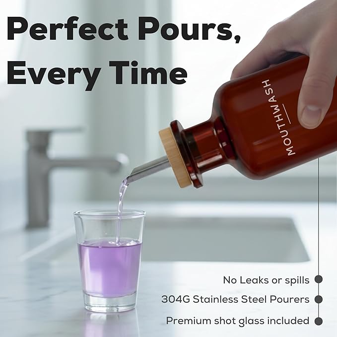 Amber Glass Mouthwash Dispenser for Bathroom by Brighter Barns - Refillable Mouthwash Container and Glass Cup - Modern Mouth Wash Dispensers for Bathroom - Boho Decor for Office, Airbnb, Hotel (Amber)
