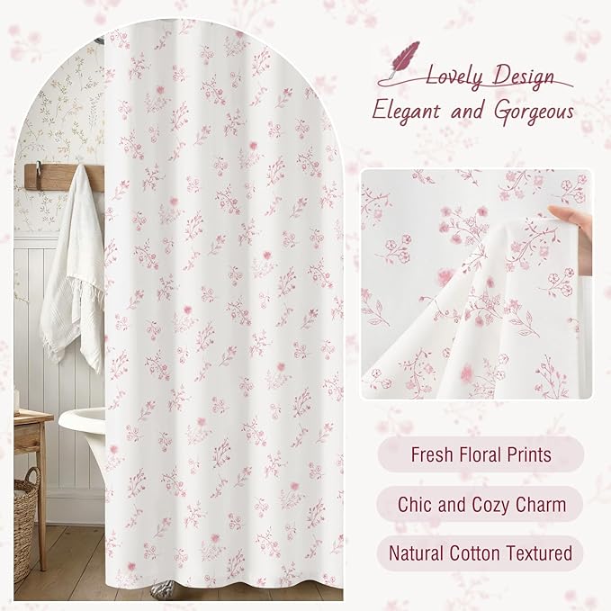 Pink Floral Farmhouse Vintage Cotton Shower Curtain, French Country Shower Curtains for Bathroom, 72Wx72H