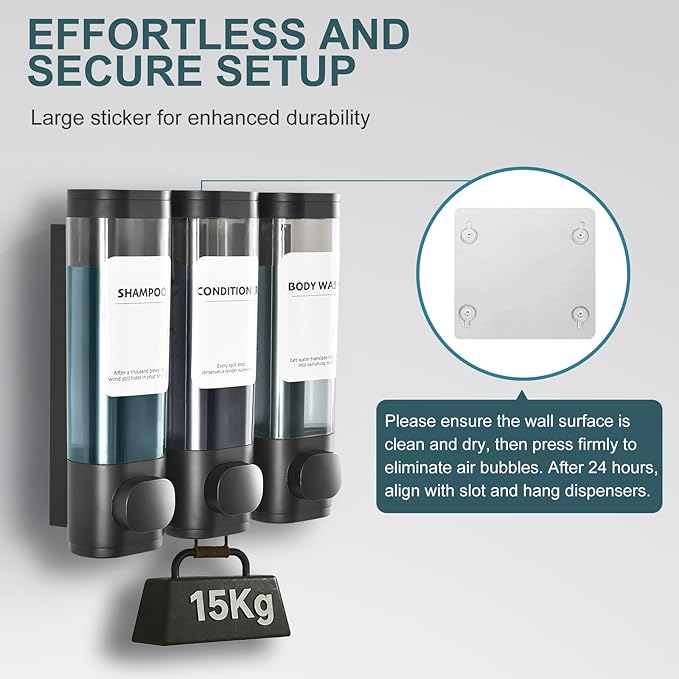 3 Pack Shampoo and Conditioner Dispenser, Shower Soap Dispenser 3 Chamber No Drill Wall-Mounted, Body Wash and Shower Dispenser Set for Shower Wall, Elegant Large Capacity for Bathroom Hotel, Black