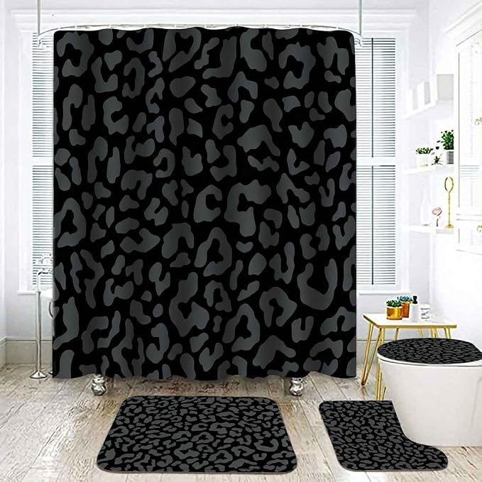 TOMWISH 4 Pcs Leopard Shower Curtain,Black Gray Cheetah Print Bathroom Sets Complete,Shower Curtain Toilet Lid Cover and Bath Mat Bathroom Decor Sets,juego de baños de Set Bath Accessories with Hooks
