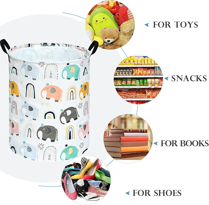 Round Rainbow elephant Pattern Laundry Hamper Clothes Storage Basket Fabric Storage Hamper Organization Storage Bin, Nursery Box,Gift Basket with Handles