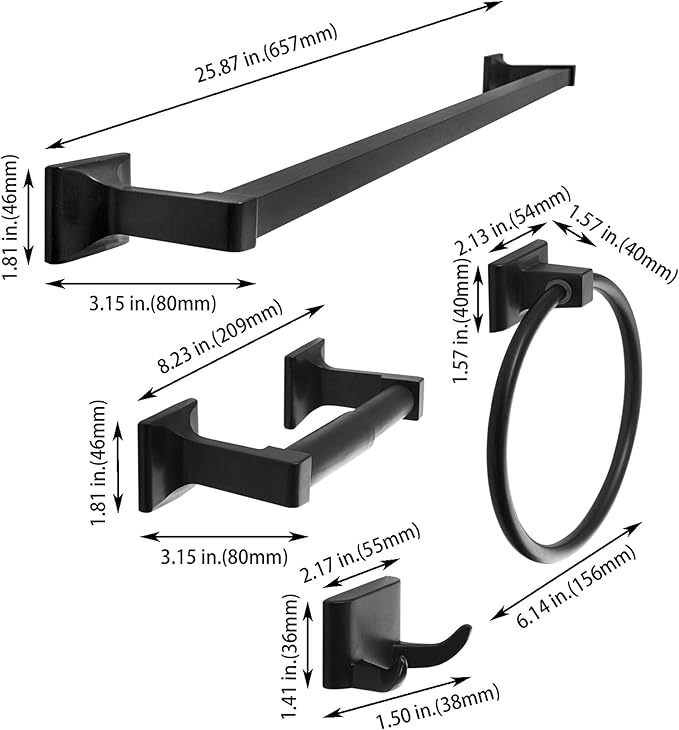 SENTO Cellar Classic Bathroom Accessories Set, Heavy Duty Metal Bath Hardware Set Wall Mounted, Includes Robe Hook, Standard Toilet Paper Holder, Towel Ring, 24” Towel Bar (4-Piece, Matte Black)