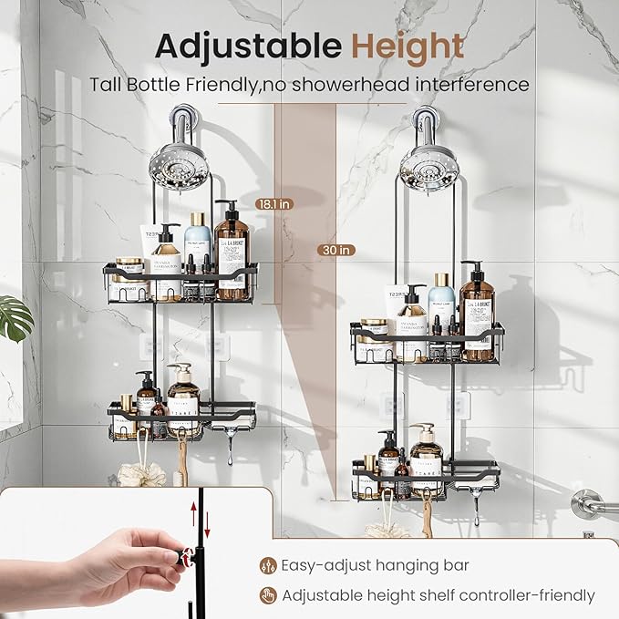 Skyapex Hanging Shower Caddy Over Showerhead: Extra Long Adjustable Height Shower Organizer, Rustproof Shower Shelf Rack with Soap Holder for Large Shampoo Bottles
